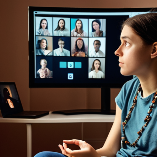 **Prompt:** A person initially looking contemplative or slightly isolated while viewing various digital interfaces, then finding a profound sense of warmth and genuine understanding through a video call with a compassionate peer supporter. The image should convey the powerful shift from digital loneliness to authentic human connection in a virtual space, emphasizing empathy and comfort.