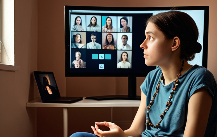 **Prompt:** A person initially looking contemplative or slightly isolated while viewing various digital interfaces, then finding a profound sense of warmth and genuine understanding through a video call with a compassionate peer supporter. The image should convey the powerful shift from digital loneliness to authentic human connection in a virtual space, emphasizing empathy and comfort.