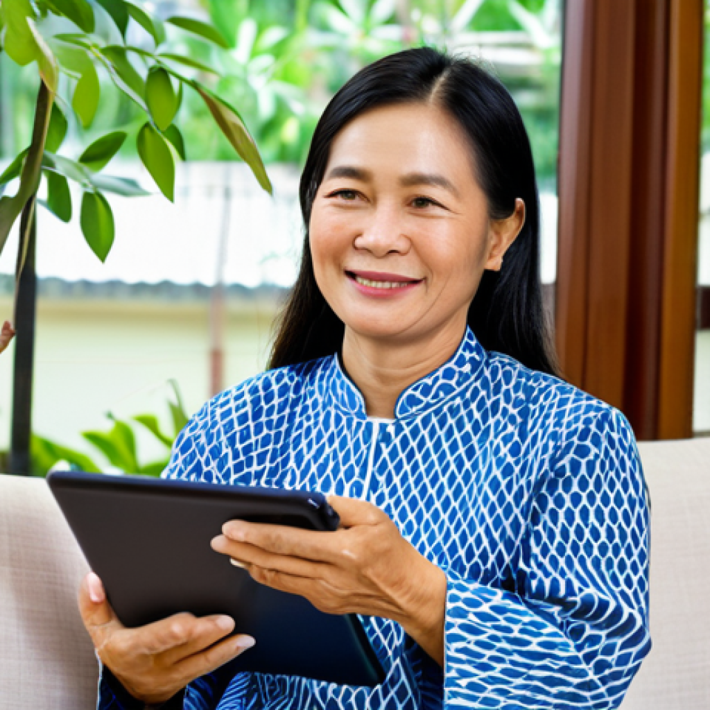 A middle-aged Thai woman in modest, comfortable home clothing, sitting comfortably in a clean, brightly lit rural Thai living room. She is holding a tablet, actively engaged in a professional telemedicine video call with a healthcare provider, with a gentle, appreciative expression. The background includes traditional Thai decor and a glimpse of lush greenery outside a window, suggesting a peaceful, remote setting. Fully clothed, appropriate attire, safe for work, perfect anatomy, natural pose, correct proportions, well-formed hands, proper finger count, natural body proportions, professional photography, high quality, family-friendly, appropriate content.