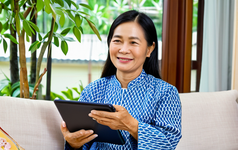 A middle-aged Thai woman in modest, comfortable home clothing, sitting comfortably in a clean, brightly lit rural Thai living room. She is holding a tablet, actively engaged in a professional telemedicine video call with a healthcare provider, with a gentle, appreciative expression. The background includes traditional Thai decor and a glimpse of lush greenery outside a window, suggesting a peaceful, remote setting. Fully clothed, appropriate attire, safe for work, perfect anatomy, natural pose, correct proportions, well-formed hands, proper finger count, natural body proportions, professional photography, high quality, family-friendly, appropriate content.
