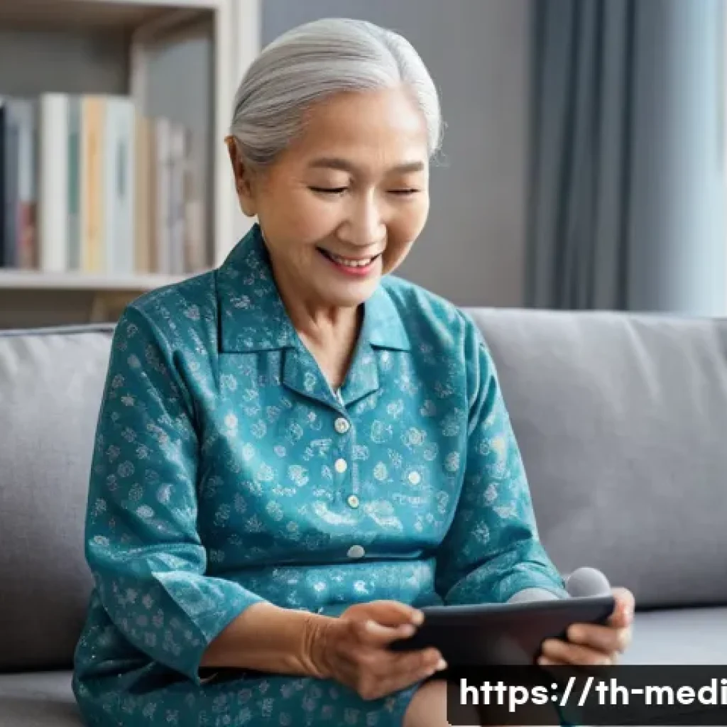 원격의료 서비스의 미래 AI와의 융합 - **Prompt:** A heartwarming scene of an elderly Thai woman (around 70s, wearing a modest, comfortable...