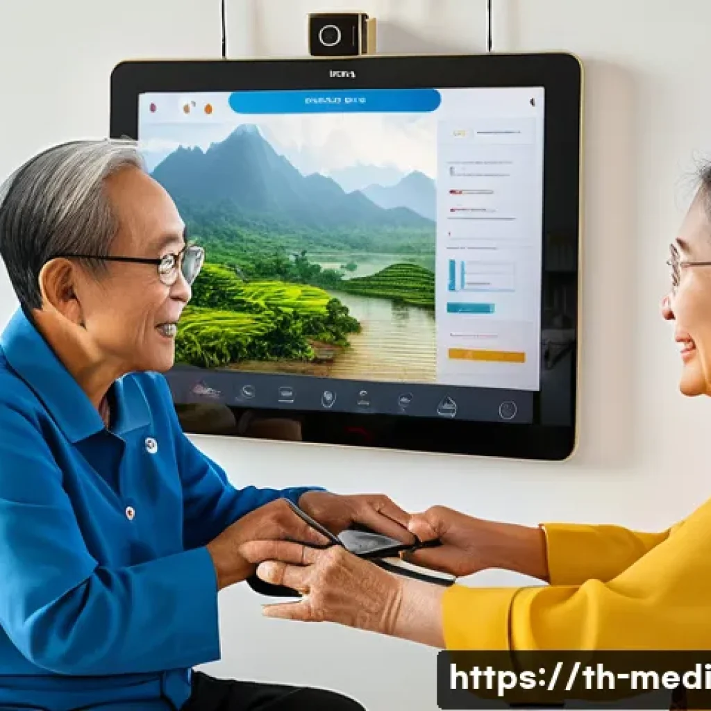 원격의료 서비스의 사용성 테스트 방법 - A detailed scene of elderly Thai users interacting with a telemedicine platform on large-screen tabl...