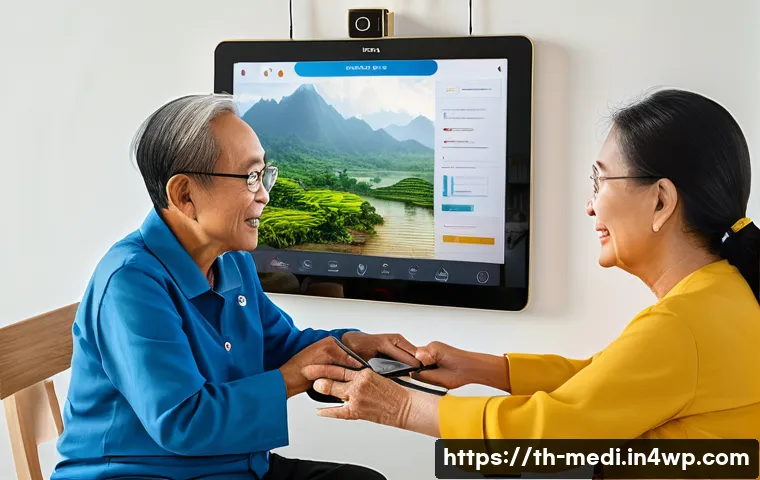 원격의료 서비스의 사용성 테스트 방법 - A detailed scene of elderly Thai users interacting with a telemedicine platform on large-screen tabl...