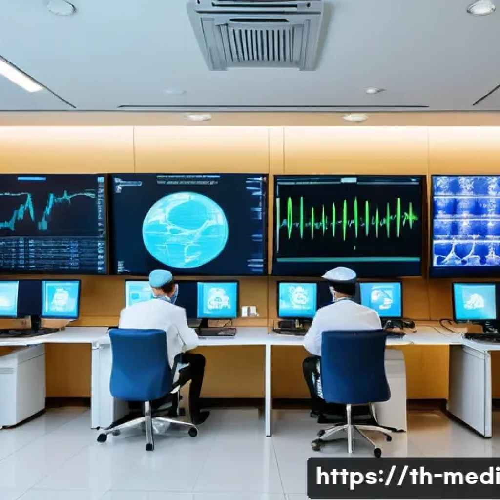 원격의료 서비스의 응급 상황 대응 전략 - A modern telemedicine emergency response room in Thailand, featuring high-tech equipment such as mul...