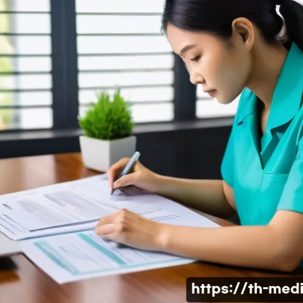원격의료 서비스의 보험 청구 절차 - A modern Thai office setting with a professional woman carefully reviewing medical reimbursement doc...