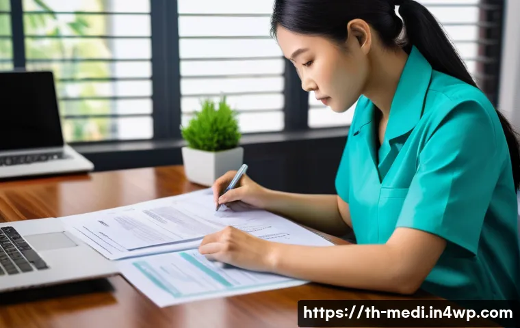 원격의료 서비스의 보험 청구 절차 - A modern Thai office setting with a professional woman carefully reviewing medical reimbursement doc...