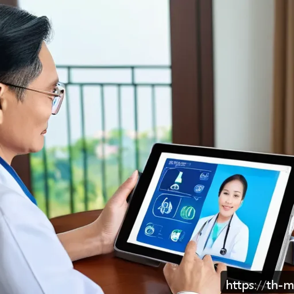 원격의료 서비스와 환자 데이터의 보안 이슈 - A modern telemedicine consultation scene featuring a middle-aged Thai patient comfortably sitting at...