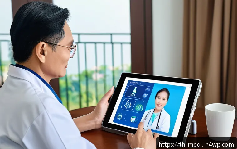 원격의료 서비스와 환자 데이터의 보안 이슈 - A modern telemedicine consultation scene featuring a middle-aged Thai patient comfortably sitting at...