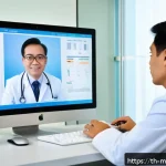 원격의료 서비스의 효과적인 비즈니스 모델 - A modern Thai telemedicine clinic scene showing a middle-aged male doctor wearing professional attir...