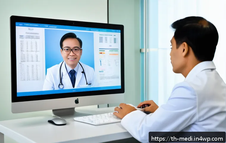 원격의료 서비스의 효과적인 비즈니스 모델 - A modern Thai telemedicine clinic scene showing a middle-aged male doctor wearing professional attir...