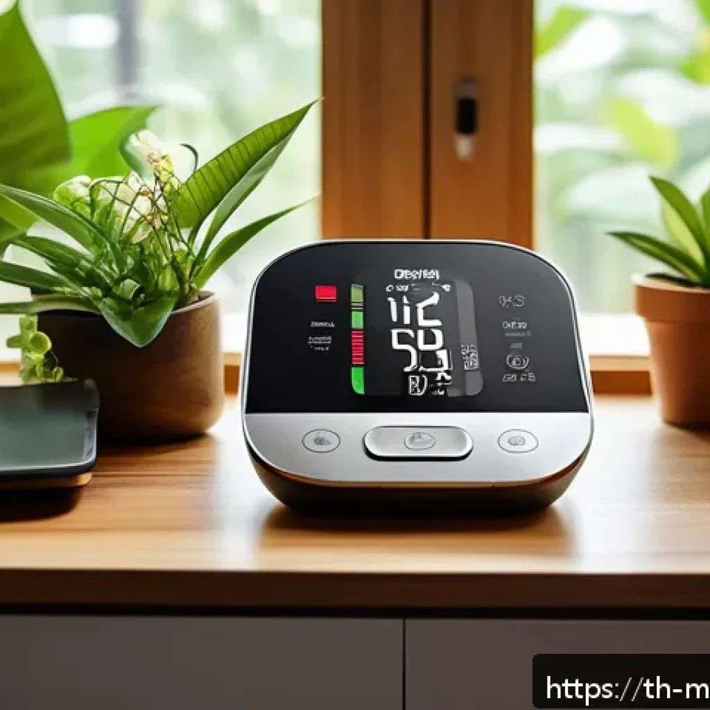 원격의료 서비스를 통한 원격 모니터링 - A modern Thai home interior featuring advanced health monitoring devices: a sleek automatic blood pr...