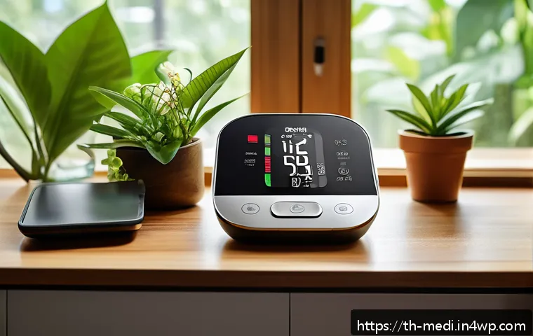 원격의료 서비스를 통한 원격 모니터링 - A modern Thai home interior featuring advanced health monitoring devices: a sleek automatic blood pr...