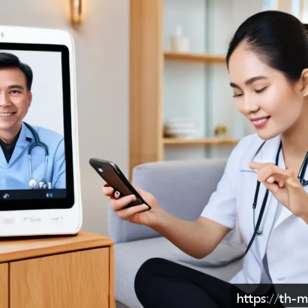 원격의료 서비스 활용 시 환자의 경험 - A modern Thai family using a telemedicine app on a smartphone at home, the mother comfortably seated...