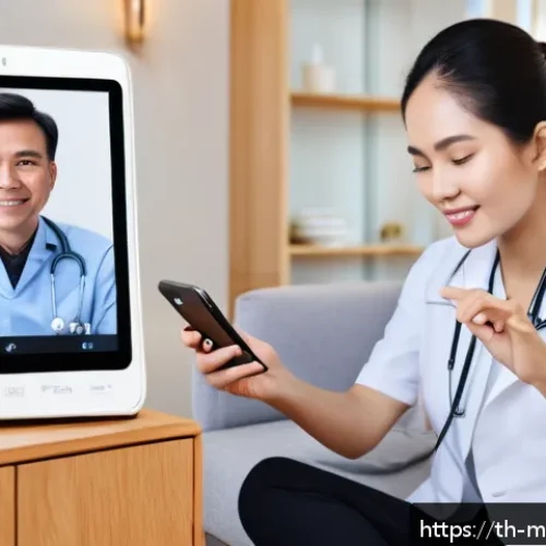 원격의료 서비스 활용 시 환자의 경험 - A modern Thai family using a telemedicine app on a smartphone at home, the mother comfortably seated...