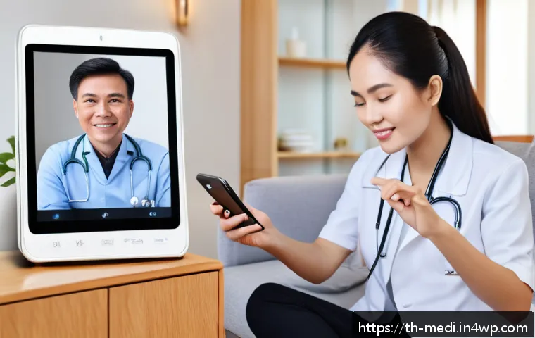 원격의료 서비스 활용 시 환자의 경험 - A modern Thai family using a telemedicine app on a smartphone at home, the mother comfortably seated...