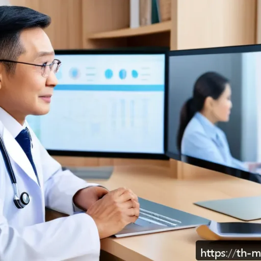 COVID 19와 원격의료 서비스의 관계 - A modern Thai telemedicine consultation scene showing a middle-aged Thai doctor wearing professional...