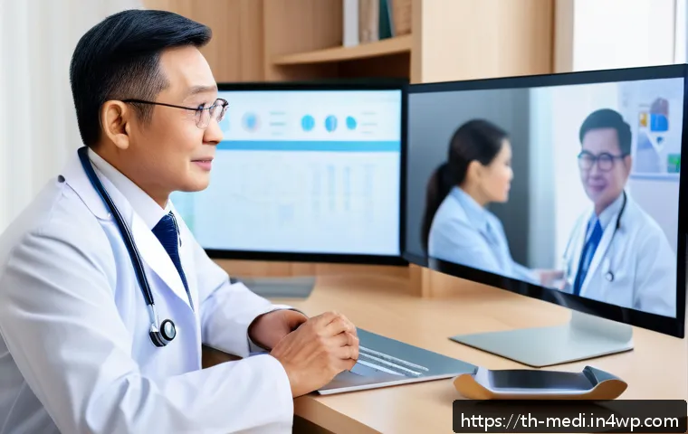 COVID 19와 원격의료 서비스의 관계 - A modern Thai telemedicine consultation scene showing a middle-aged Thai doctor wearing professional...