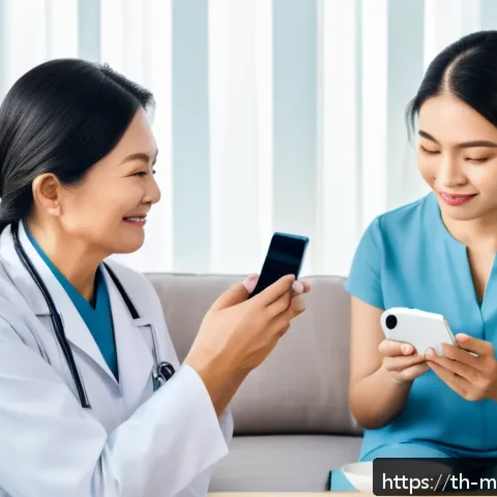 원격의료를 통한 예방 의료의 중요성 - A modern Thai family using telemedicine at home: a middle-aged woman consulting a doctor on a smartp...