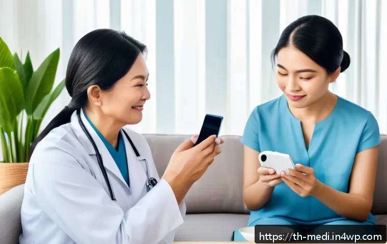 원격의료를 통한 예방 의료의 중요성 - A modern Thai family using telemedicine at home: a middle-aged woman consulting a doctor on a smartp...