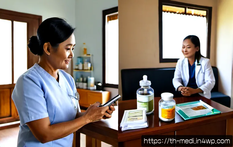 Home 17 원격의료 서비스와 전통 의료의 차이점 - Photorealistic split-scene comparison in a Thai home, an older Thai woman comfortably speaking with ...